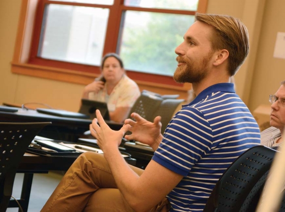 Andrew Johnson, N.C. Works career coach with Haywood Community College, shares his thoughts with the focus group July 12. Holly Kays photo