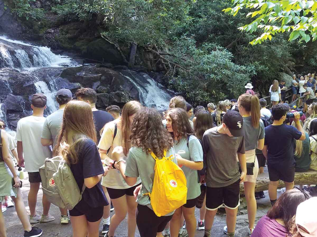 Laurel Falls is so crowded as to be impassible on a busy summer day in 2021. NPS photo