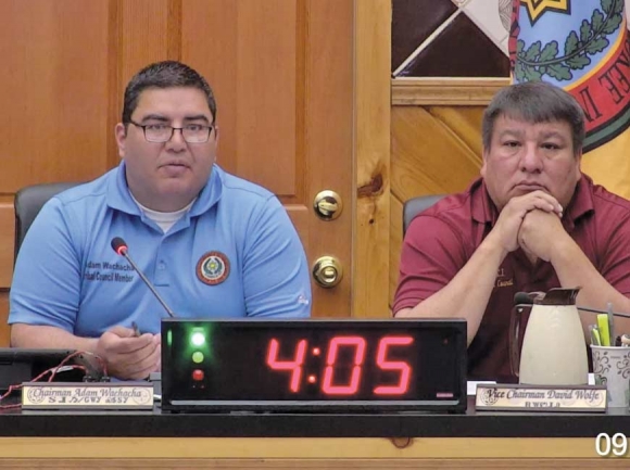 Chairman Adam Wachacha (left), of Snowbird, used a countdown clock to keep track of speaking time limits during an April 3 Budget Council session. The clock was gone by the April 5 Tribal Council session. EBCI image