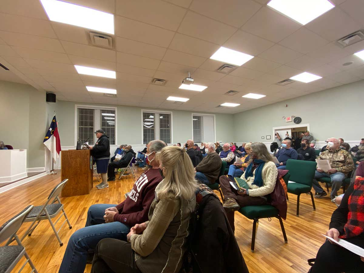 A packed house listens to a speaker at Tuesday’s town board meeting in Maggie Valley.