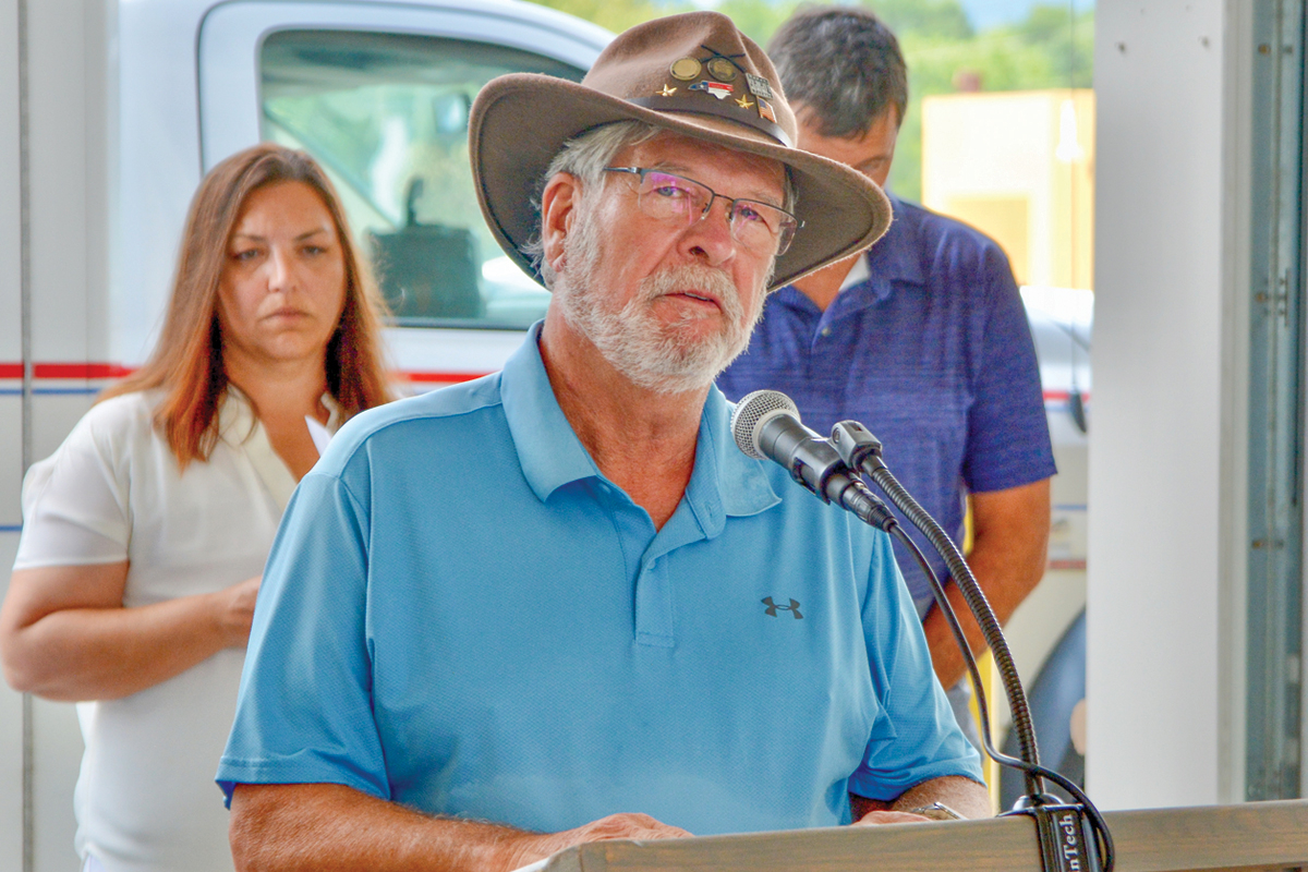 Rep. Mike Clampitt, seen here speaking after Tropical Storm ravaged eastern portions of Haywood County in August 2021, had battled leukemia for much of the past year. 