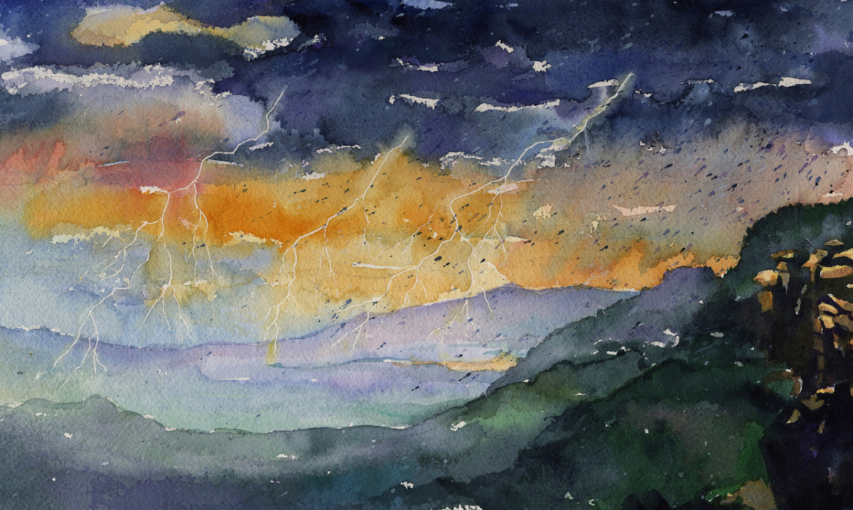 A thunderstorm shocks the mountains with three lightning bolts.