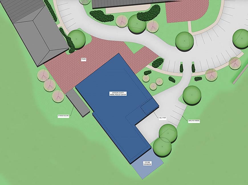 The new animal shelter (shown in blue) will replace the existing facility on Airport Road and be built on the site of the current Green Energy Park office. McMillan Pazdan Smith rendering