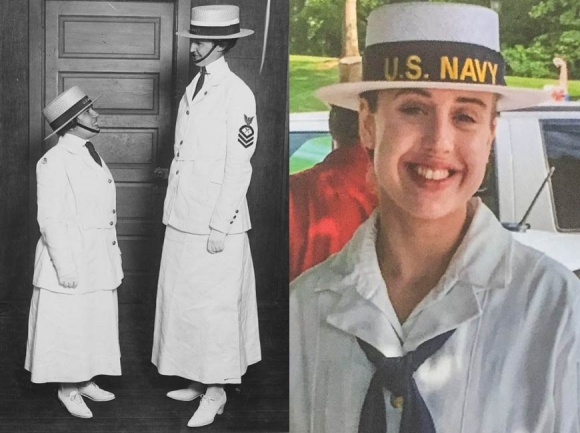 Left: Picture of Chief Yeoman Lassie Kelly (right) and Yeoman Eloise Fort in New York May 1919. They were part of a contingent of 250 Yeomen (F) who were sent to New York from Washington, D.C., to take part in the Victory Loan drive. U.S. Naval History and Heritage Command Photograph Right: Sydney Giaquinto portraying Lassie Kelly in 2019 during a Women’s History Trail plaque dedication at American Legion Post 108. Donated photo 