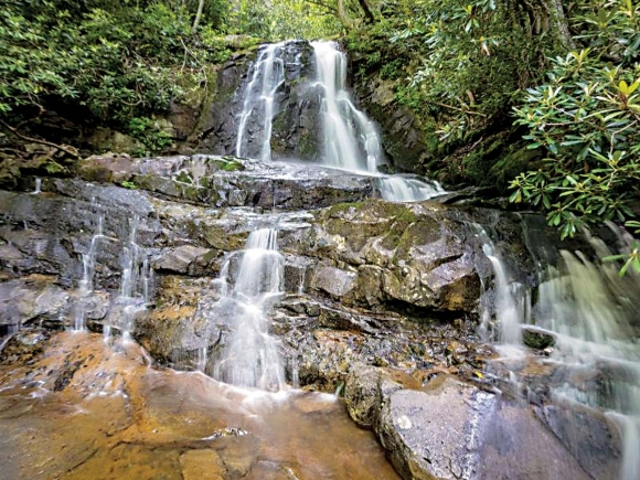 Visitors crowd Laurel Falls during a busy Wednesday in June 2020. NPS photo