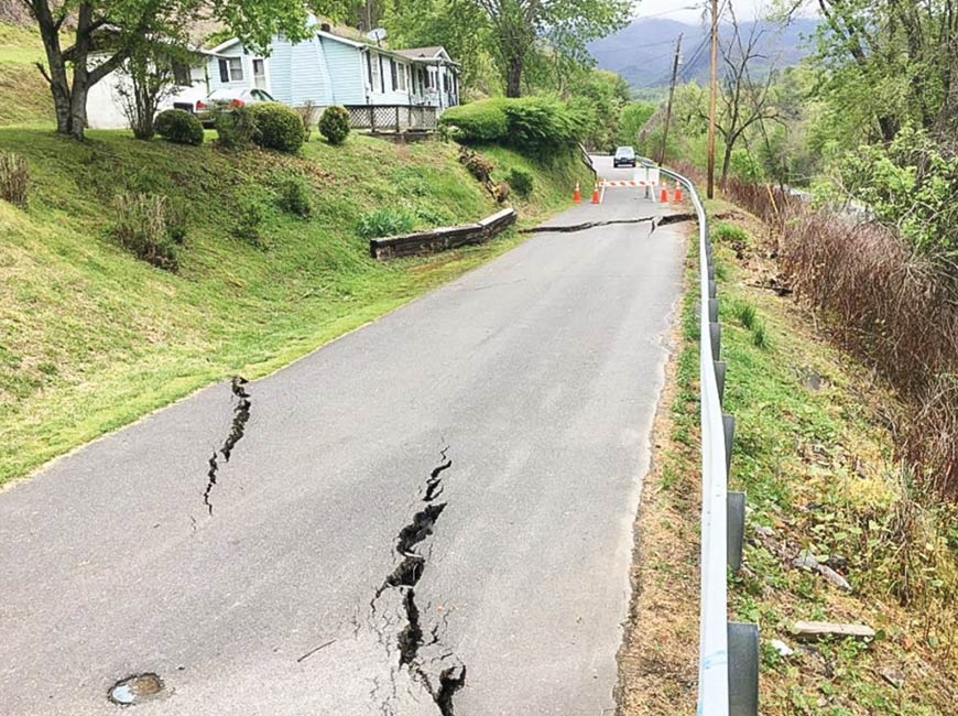 The initial slope failure on Allen Street resulted in closure of a portion of the road, seen facing north on April 30. Kessel Engineering Group photos