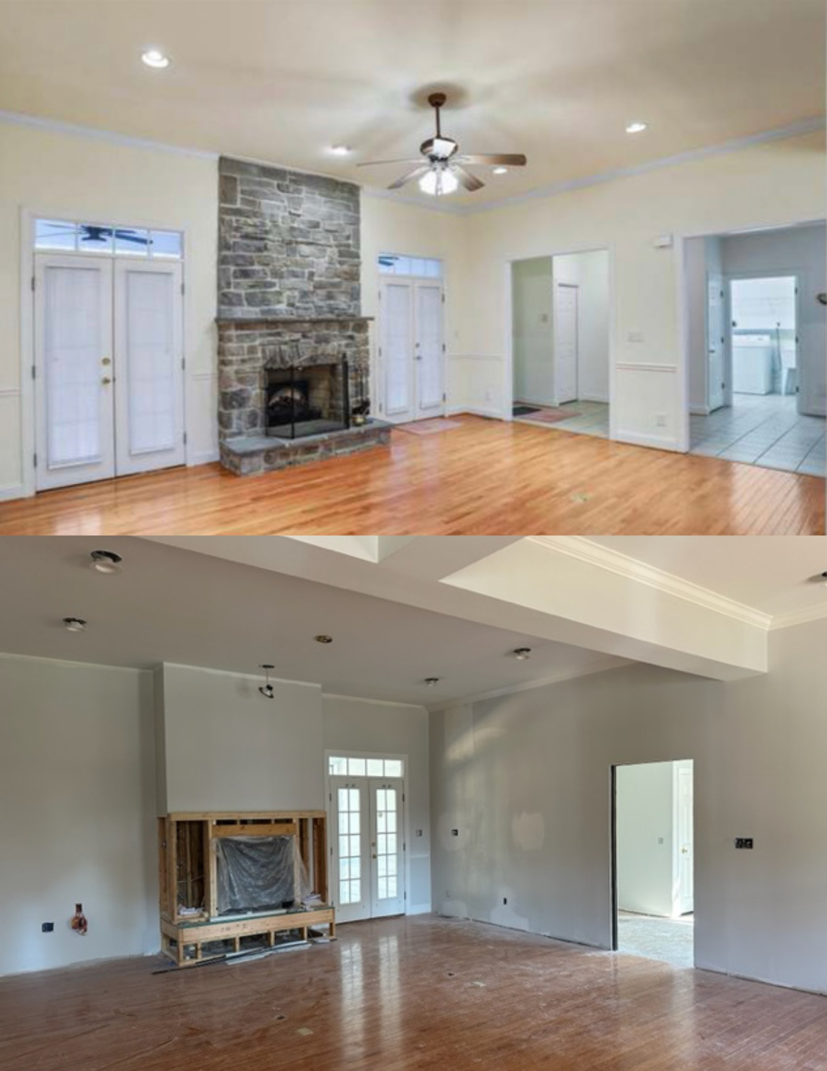 Living room before (top) and after (bottom).
