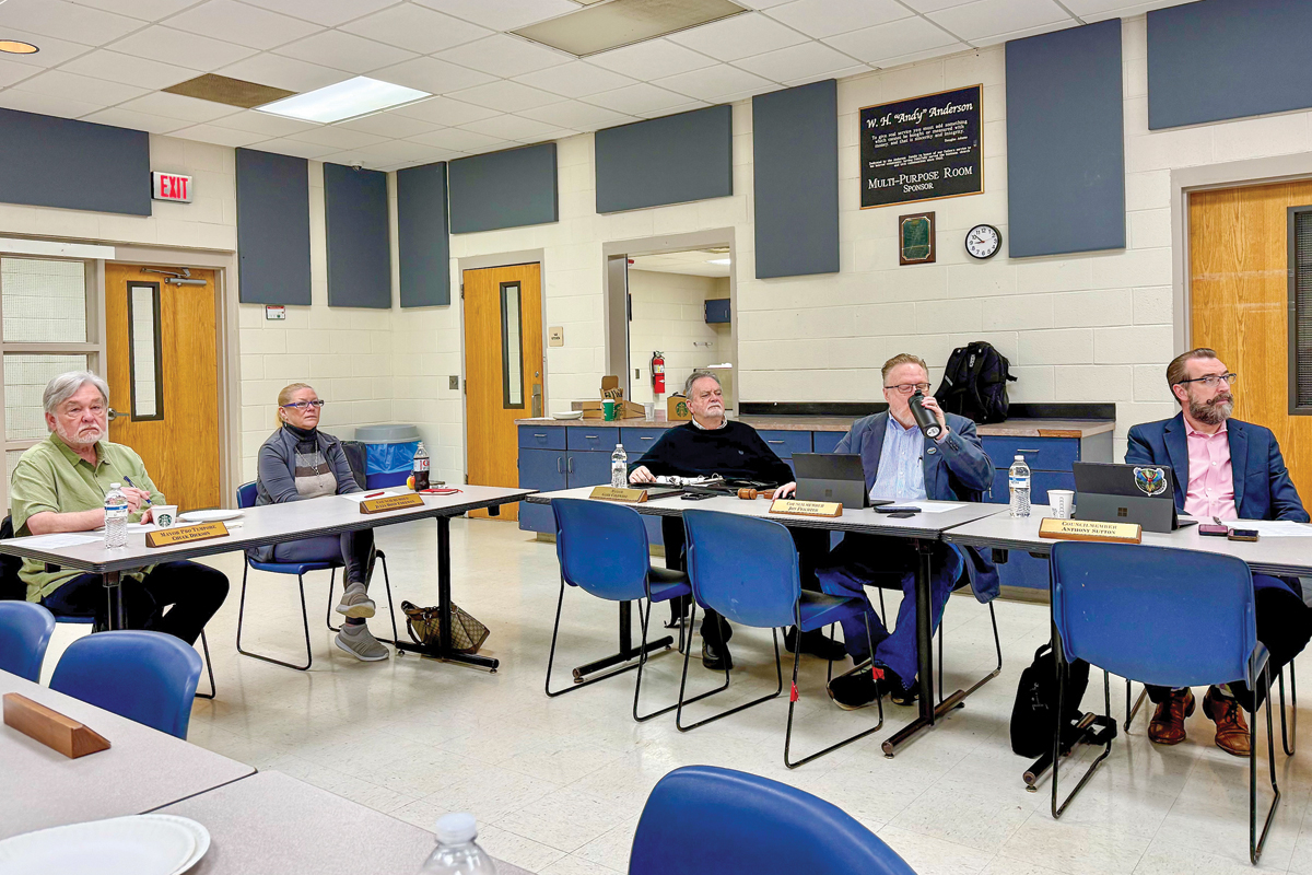 Members of Waynesville’s Town Council (left to right) Chuck Dickson, Julia Freeman, Mayor Gary Caldwell, Jon Feichter and Anthony Sutton emerged from a seven-hour budget workshop with a hard road ahead. 