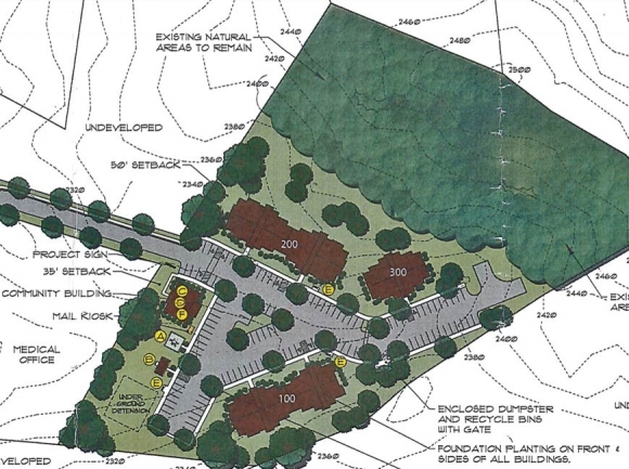 The planned workforce housing complex would have 60 apartments housed in three buildings, in addition to a community clubhouse. Donated graphic