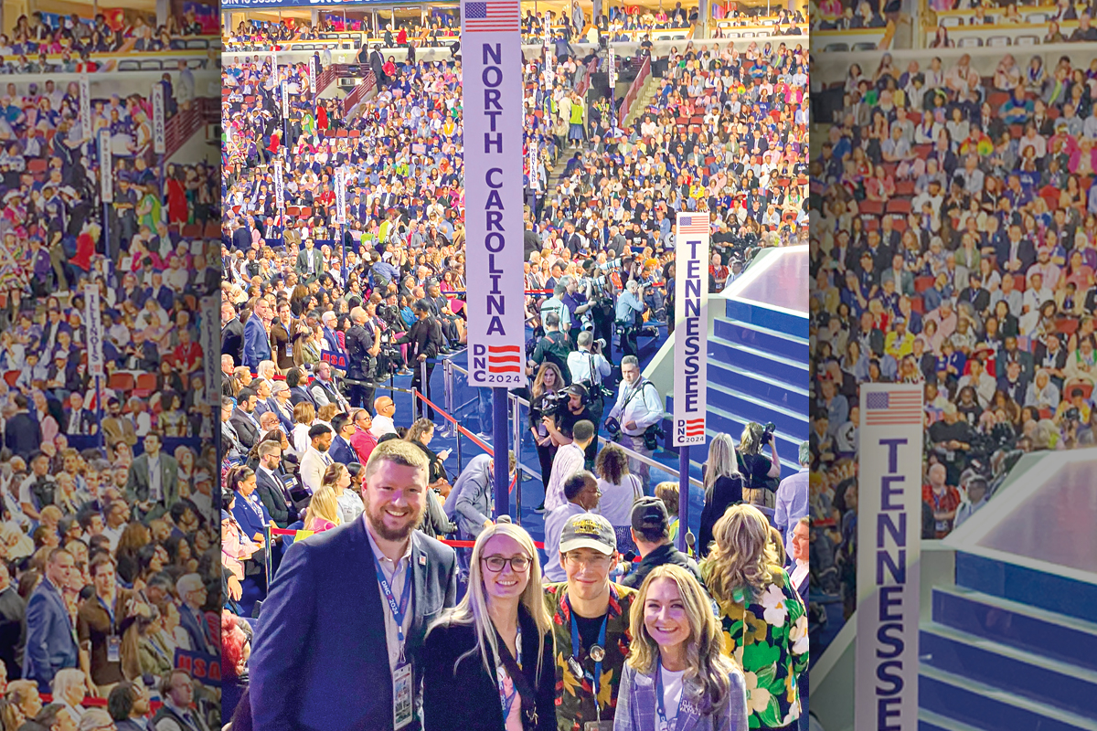 North Carolina Democratic delegates (left to right) Grayson Barnette, Kristen Robinson and Jesse Ross stand with the youngest state party chair in the nation, North Carolina’s Anderson Clayton (right), near the floor of the 2024 Democratic National Convention. Cory Vaillancourt photo