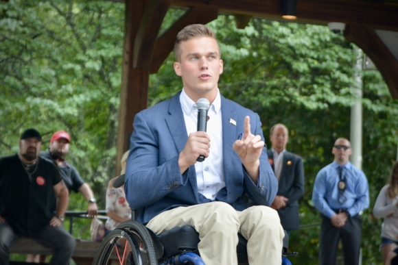 Madison Cawthorn speaks at an Aug. 15 event in Sylva. 