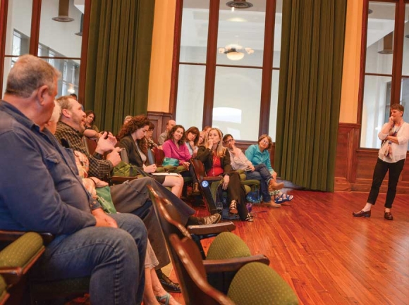 The Asheville Design Team takes questions from community members present at the April 17 meeting. Holly Kays photo