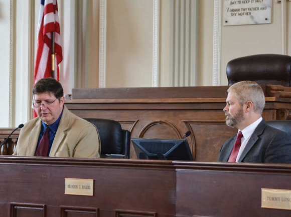 Haywood County Commissioners Kevin Ensley (left) and Brandon Rogers — both up for reelection         this year — chat at the Feb. 3 commission meeting. Cory Vaillancourt photo 