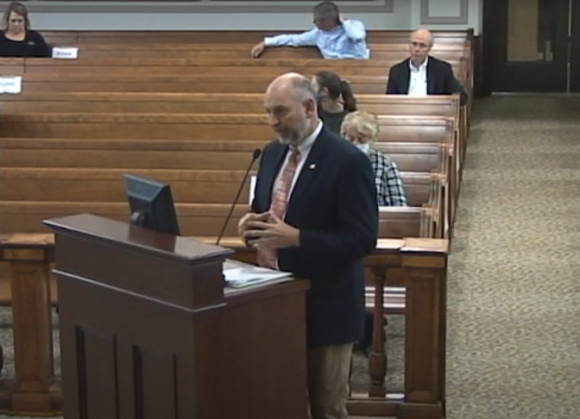 Haywood County Program Administrator David Francis explains the county’s new economic development policy to commissioners May 18.