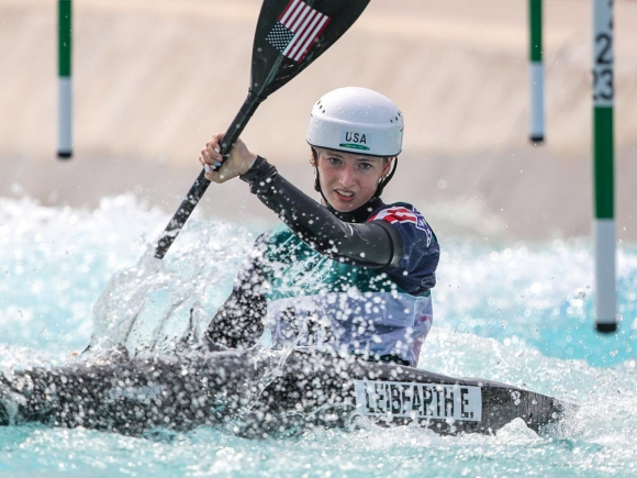 Bryson City paddler Evy Leibfarth navigates a kayak heat in Tokyo. ICF Photography photo