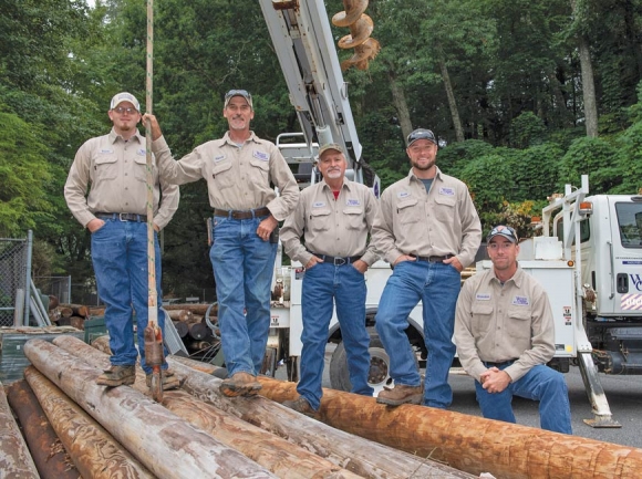 WCU’s electrical distribution system extends throughout the Cullowhee Valley and is maintained by a line crew that includes (from left) Travis Taylor, Randy Fox, Keith Dills, Andy Edwards and Brandon Green. WCU photo