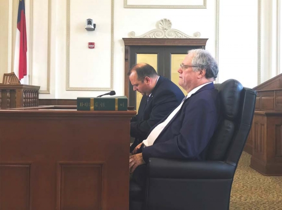 New Haywood County Attorney Frank Queen (right) sits with County Manager Bryant Morehead during a meeting Jan. 7. Cory Vaillancourt photo