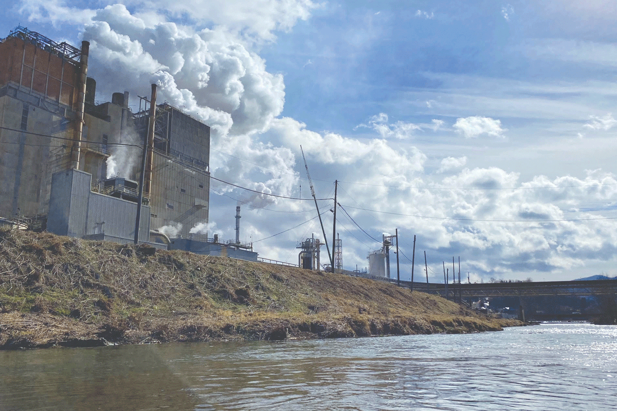 A kayak-view photo looks upstream from the paper mill site in Canton. Anna Alsobrook/MountainTrue photo