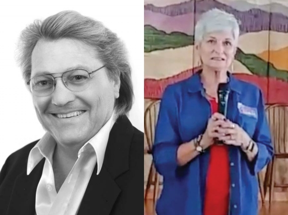 An undated photo of Lamar Berry appears on the website of his company, International Marketing Systems. Valerie Oberle (right) appears at a meeting of the Maggie Valley Civic Association Sept. 4. Facebook live video