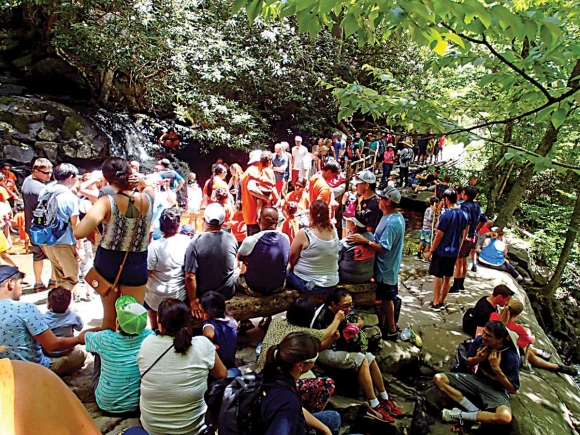 Crowded conditions are typical at Laurel Falls, which is located 1.3 miles past the trailhead. NPS photo