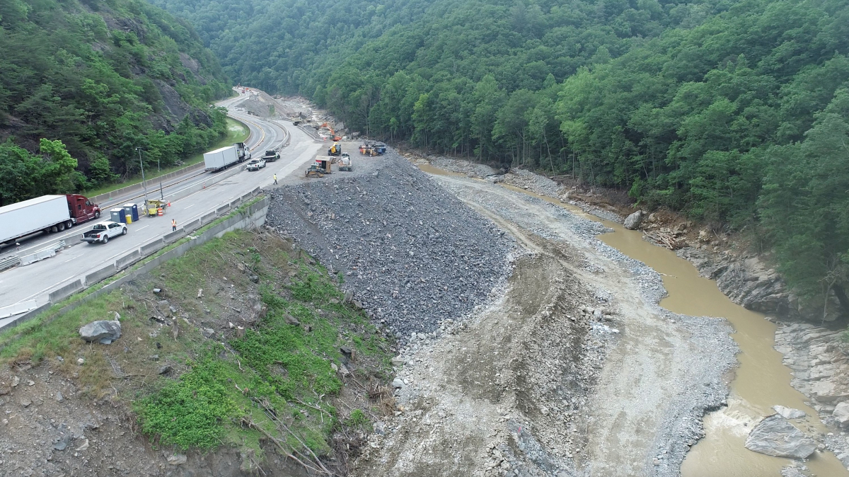 Interstate 40 recovery continues in the Pigeon River Gorge in Haywood County.