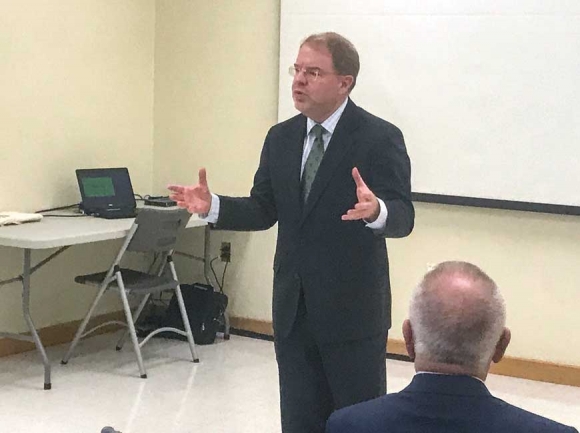 N.C. Community College President Peter Hans speaks during a visit on April 22 to Haywood Community College.