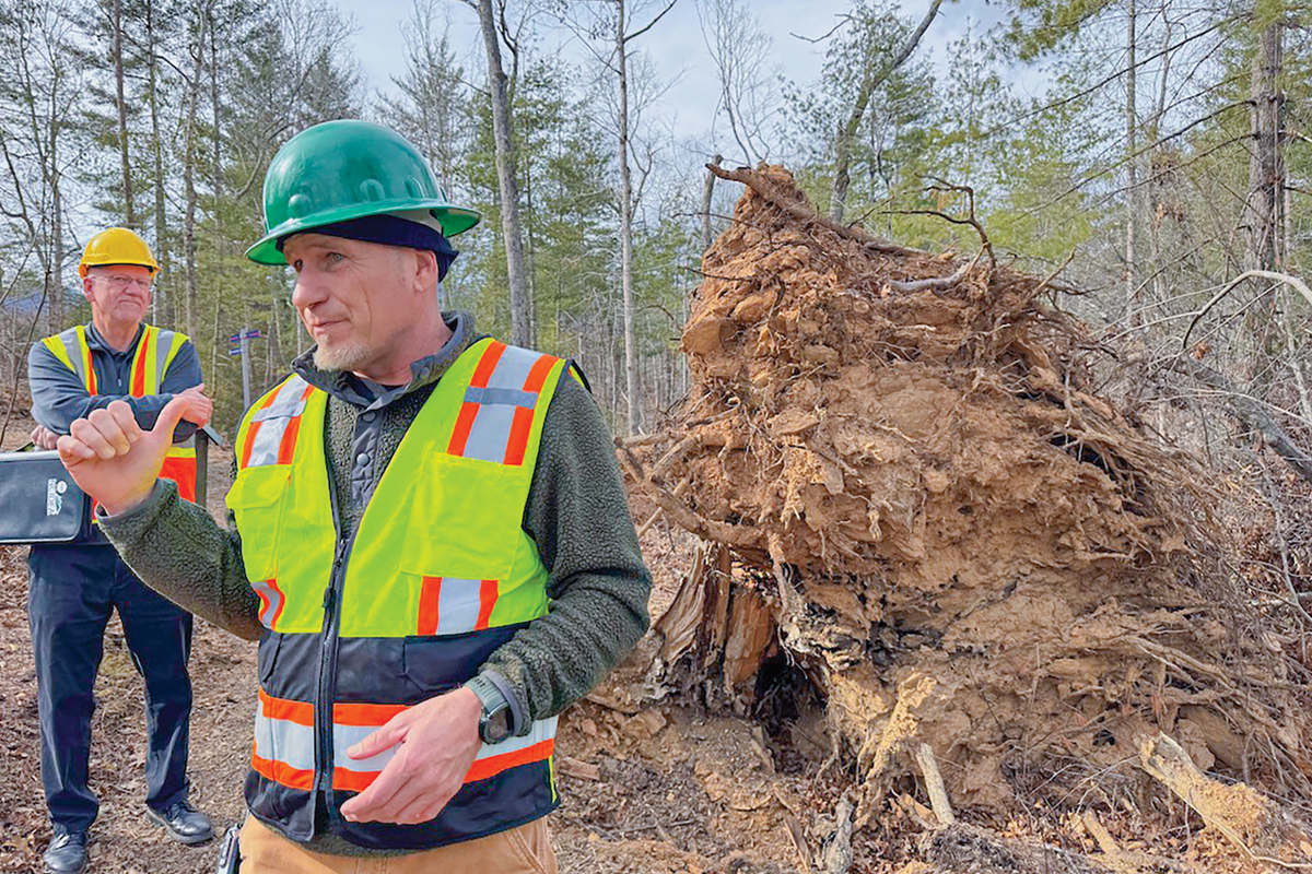 Recovery study project manager Ed Wright from Western Carolina University (background) and Mac Franklin, director of horticulture at the North Carolina Arboretum, examine trees felled by the storm. 