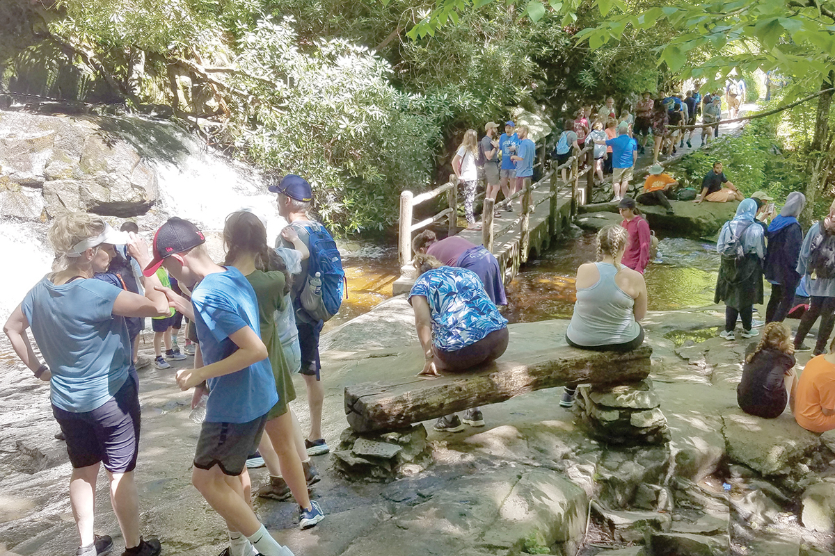 Visitors crowd the viewing area at Laurel Falls. NPS photo