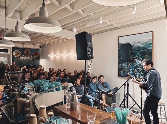 Ryan O’Keefe of River Whyless performing last weekend at Orchard Coffee in Waynesville. (photo: Cabell Tice)