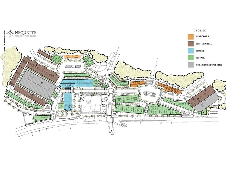 The town center, the first section of the development to be built if approved, would feature a combination of residential and retail spaces. Nequette Architecture &amp; Design rendering