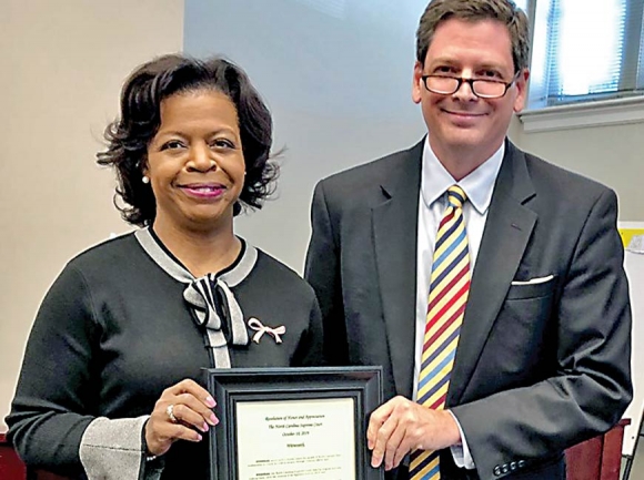 Superior Court Judge Bradley Letts introduces North Carolina Supreme Court Chief Justice Cheri Beasley last week before she spoke to Haywood Democrats. Donated photo