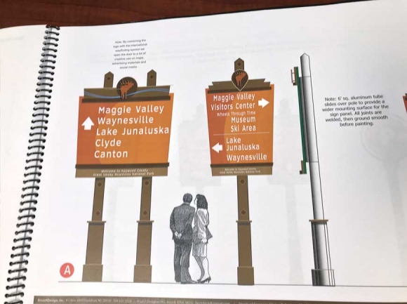 An illustration shows the size, shape and scale of wayfinding signs that will one day — maybe soon — dot Haywood County. Cory Vaillancourt photo