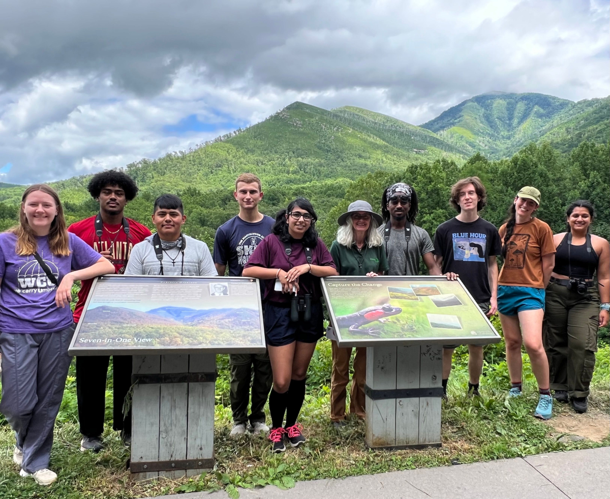 At Carlos C. Campbell Overlook on the way to Clingmans Dome in Great Smoky Mountains National Park, Deeya Khambhaita and her classmates used scientific instruments to measure altitude (2,000 feet) and temperature (80°F) in much the same way that Alexander von Humboldt, father of environmentalism, would have done. 