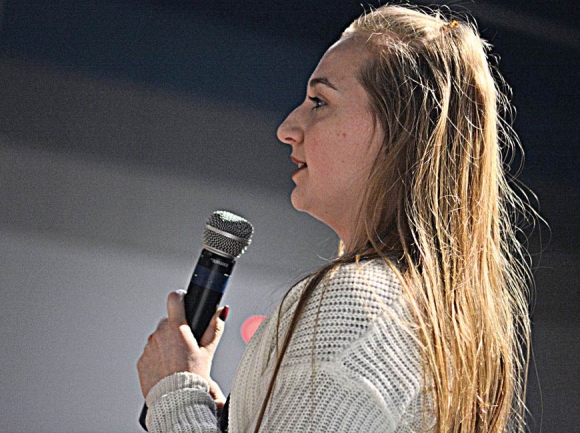 Gracie Ruebel addresses the Jackson County Board of Education in front of an audience at Smoky Mountain High School that included all five county commissioners. Holly Kays photo