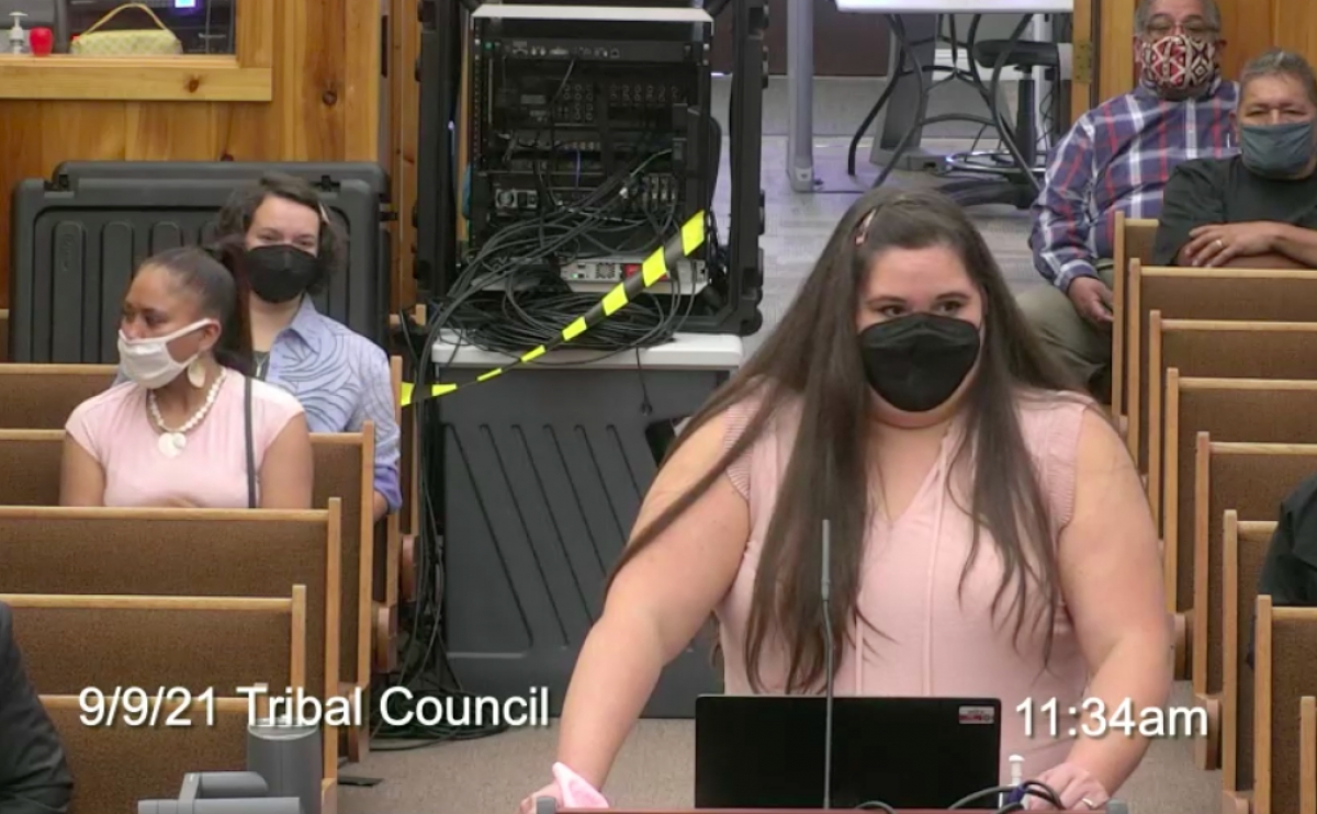 Tamara Thompson addresses Tribal Council on Sept. 9.