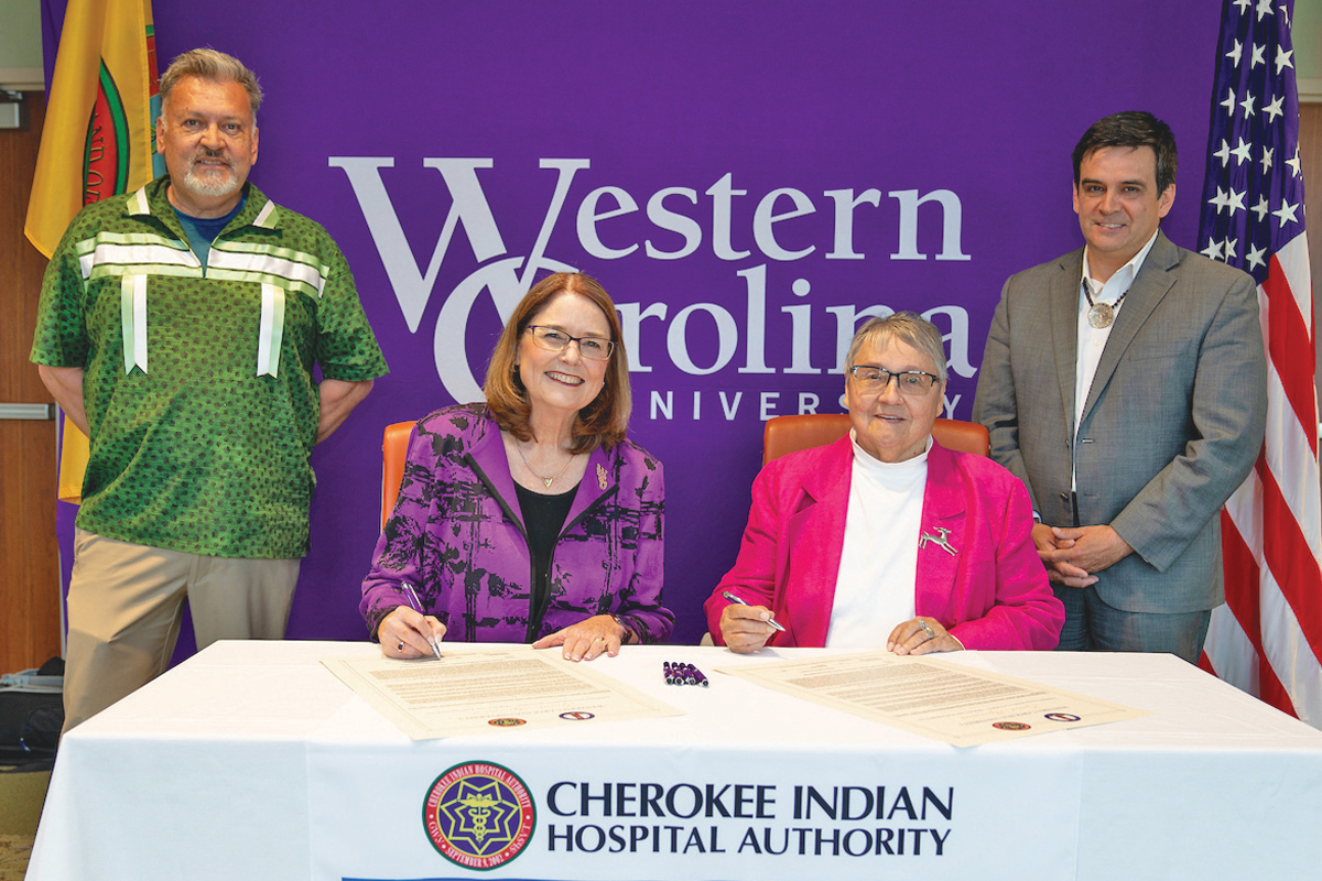 From left to right, Mike Parker, Tribal Council chairman; WCU Chancellor Kelli R. Brown; Carmaleta Monteith, chair of the CIHA Governing Board; and Casey Cooper, CIHA CEO and WCU Board of Trustees Member. Donated photo
