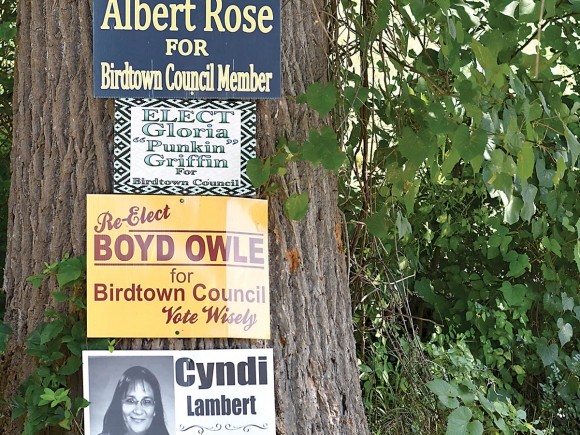 Political signs cover a corner near the Birdtown Complex in Cherokee. Holly Kays photo 