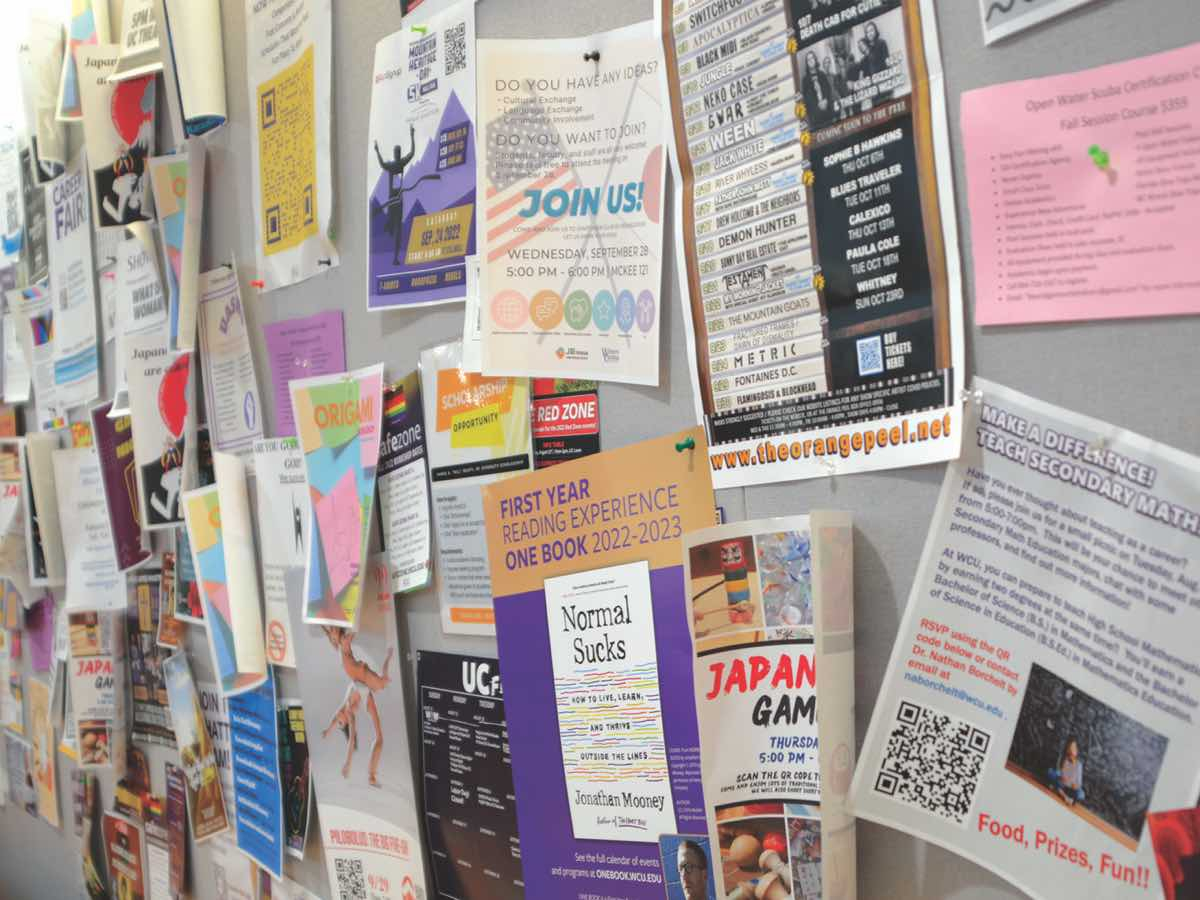 Flyers for all manner of student activities cover a bulletin board at the A.K. Hinds University Center. Holly Kays photo