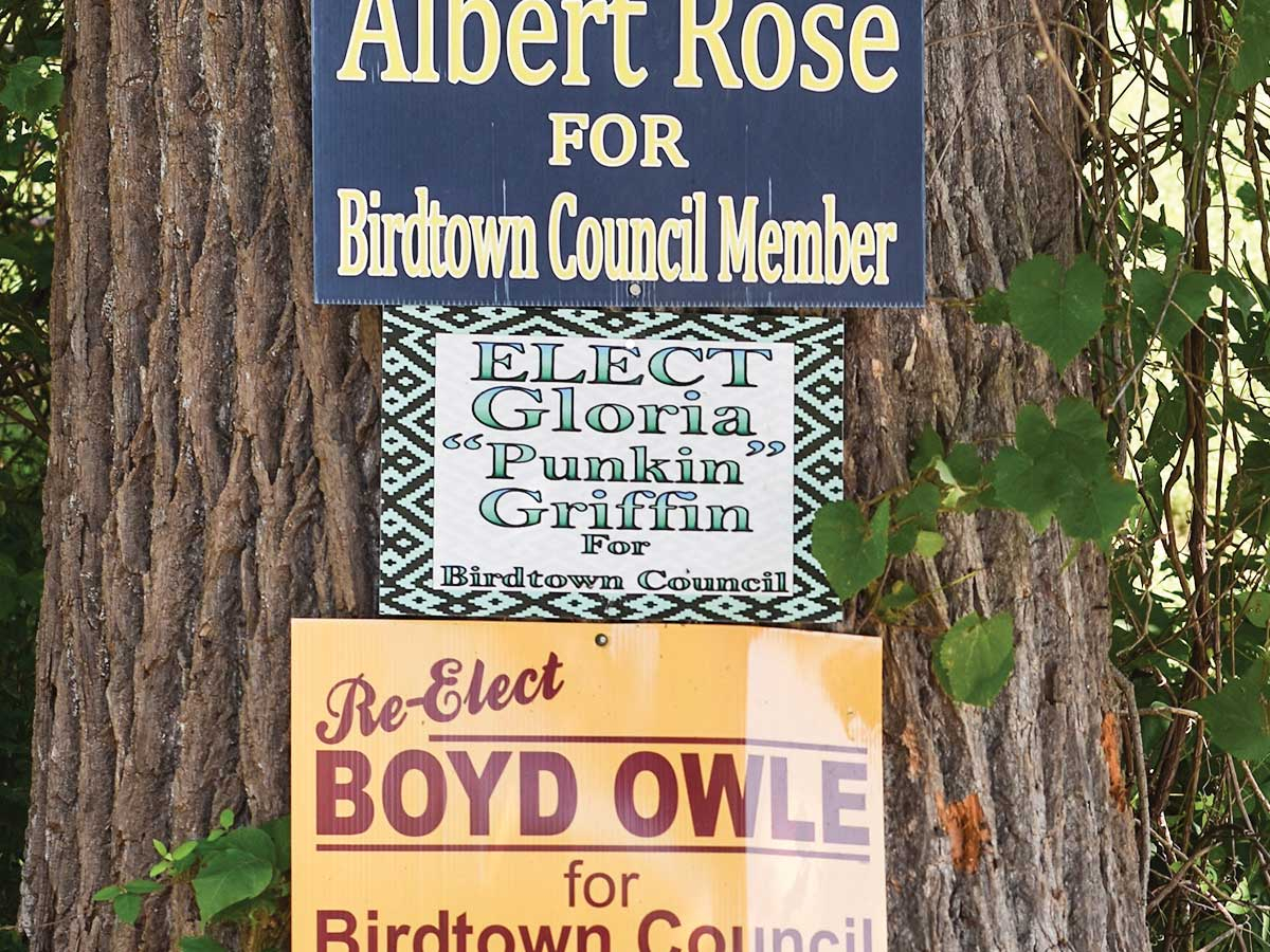 Campaign signs decorate a roadside in Birdtown during the 2021 Tribal Council election season. Holly Kays photo