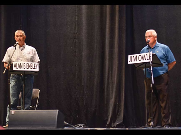 Candidates Alan “B” Ensley (left) and Jim Owle speak on the issues during a debate held June 27. Holly Kays photo