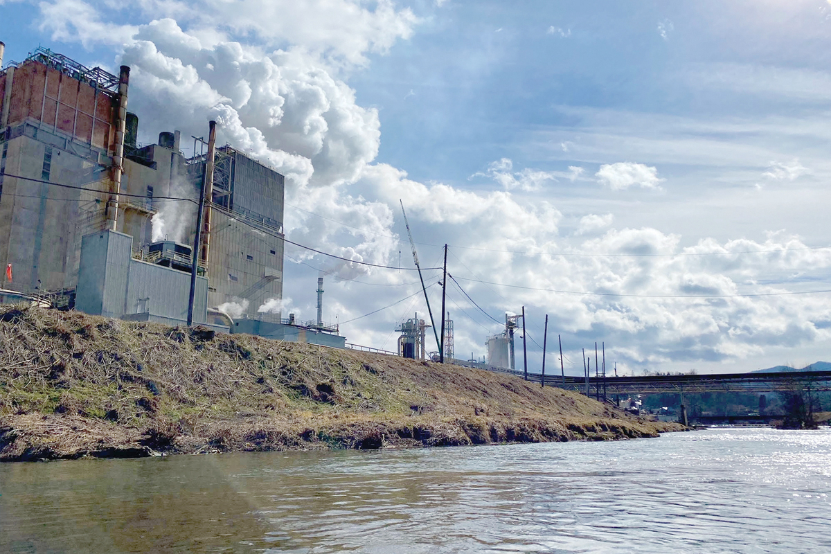 A kayak-view photo looks upstream from the paper mill site in Canton.  