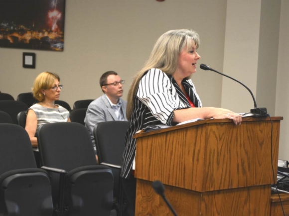 Jackson County Public Schools Superintendent Kim Elliott asks commissioners to fund six additional teaching positions during a May 31 work session. Holly Kays photo