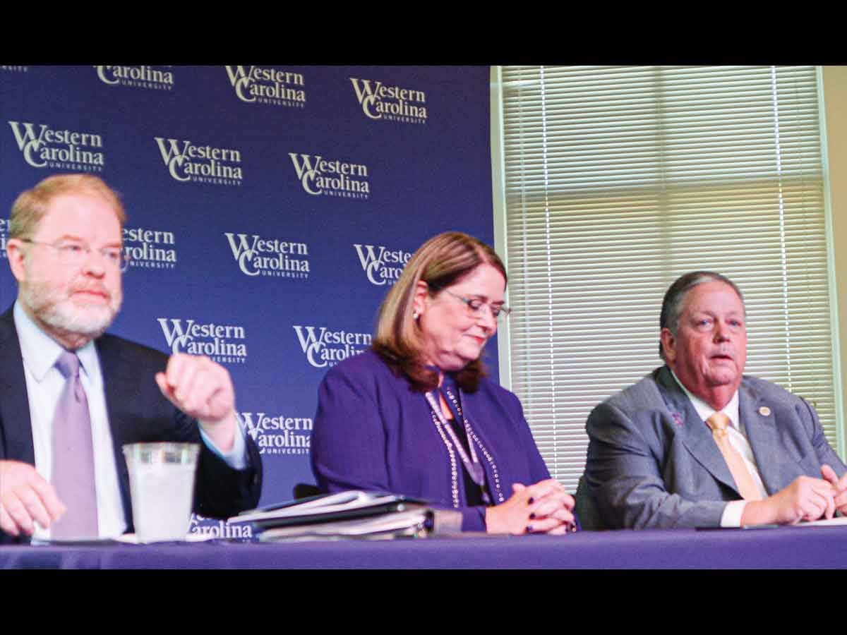 Board of Governors Chairman Randall C. Ramsey (right) speaks during a press conference with Western Carolina University Chancellor Kelli R. Brown and UNC System President Peter Hans. Holly Kays photo