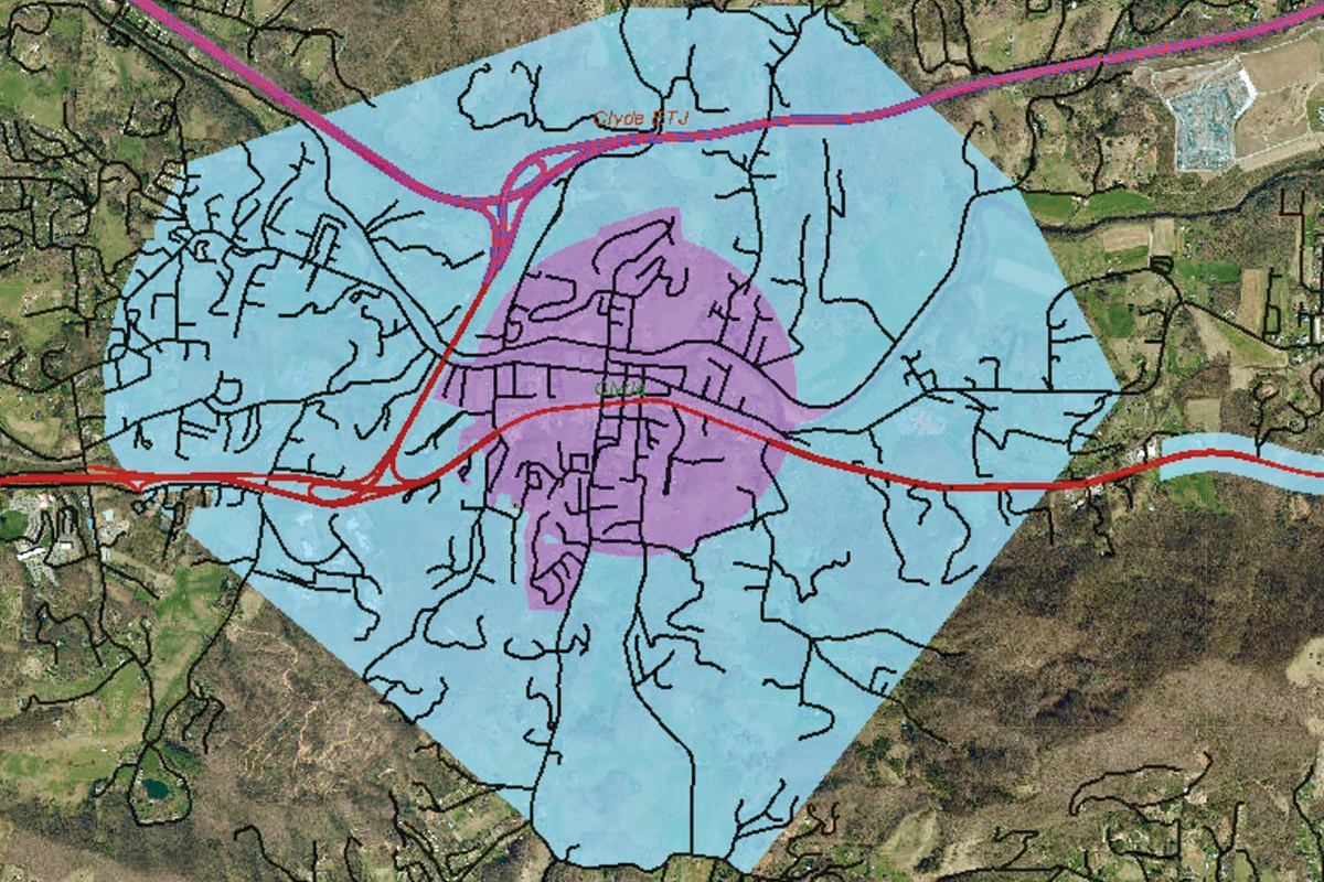 The town of Clyde (in pink) is relatively small compared to its extra-territorial jurisdiction (grey). Canton’s ETJ looms just to the east. Haywood GIS photo