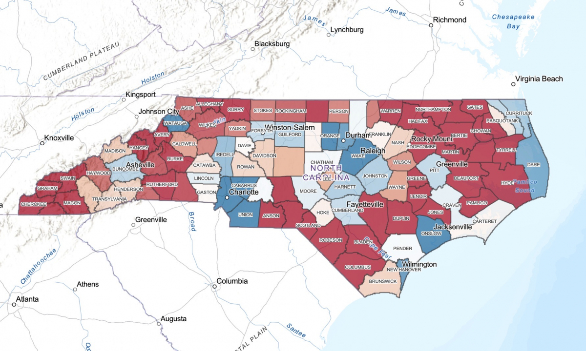 A map of broadband adoption in North Carolina shows most Western North Carolina counties, with the exception of Buncombe, still struggle to attract broadband providers. 