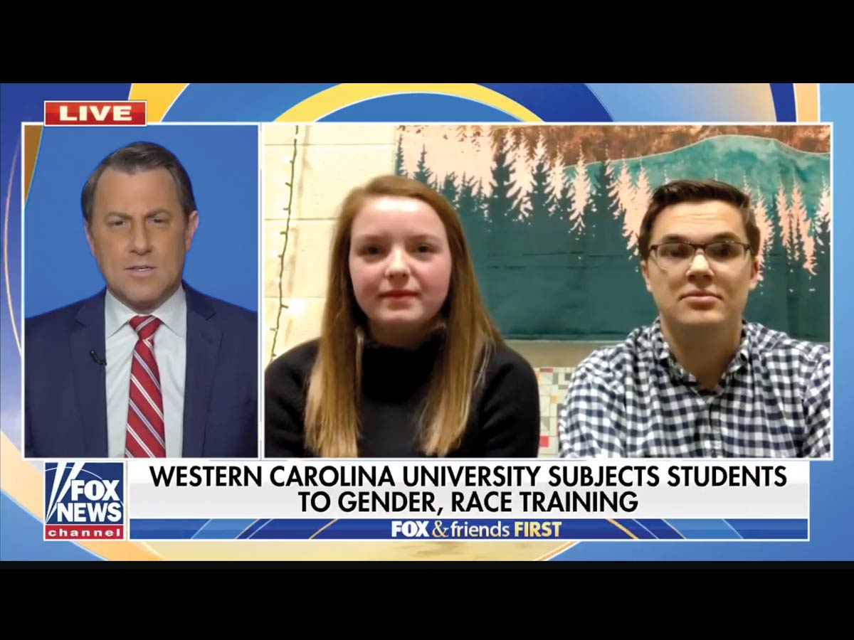 Western Carolina University students Katie Sanders and Chris Stirewalt appeared on Fox &amp; Friends First Jan. 10 to express their concerns with the diversity training. Image from Fox News broadcast