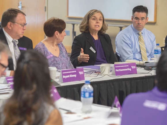 Lynn Duffy (second from right), the UNC System’s senior associate vice president for leadership and talent, speaks about WCU’s chancellor search at the Sept. 21 meeting. WCU photo 