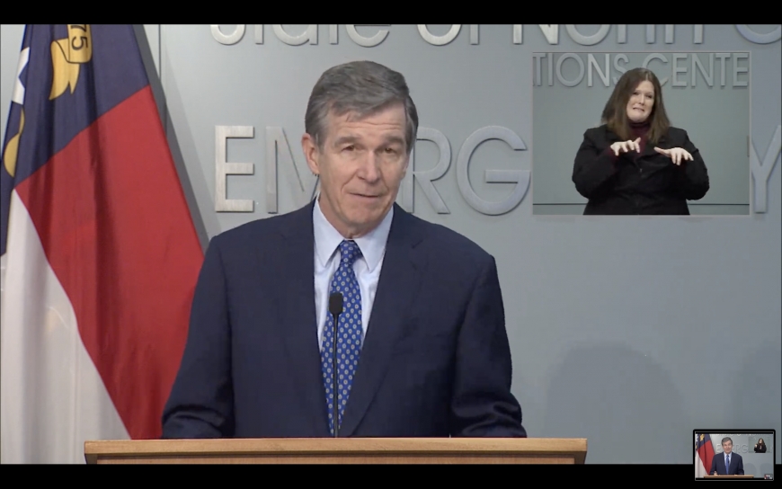 Gov. Roy Cooper delivers remarks during a Feb. 24 press conference. 