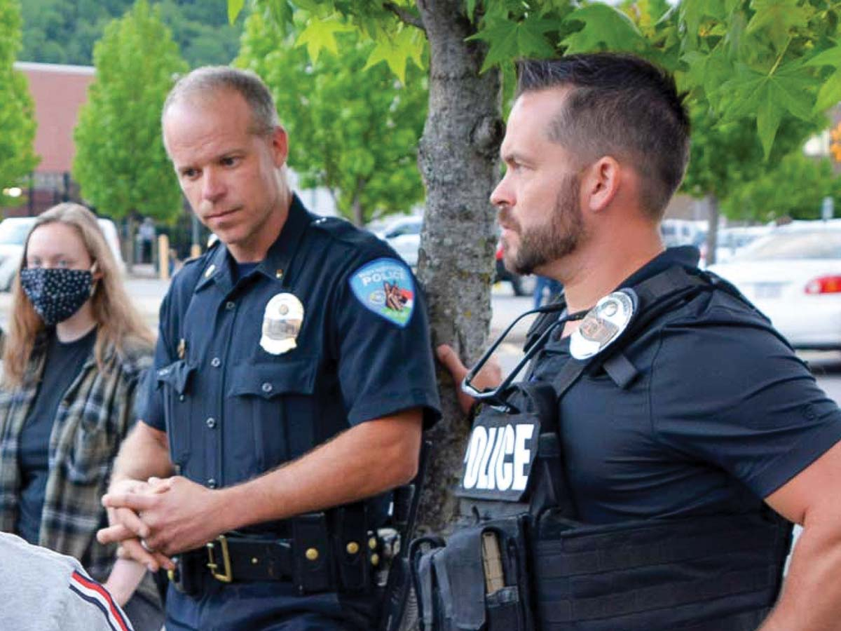 Trantham (right) speaks to demonstrators before a Black Lives Matter march in Waynesville on June 1, 2020. Cory Vaillancourt photo