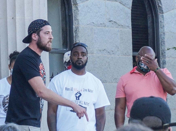 Three protest leaders (above) rally demonstrators in front of the Haywood county courthouse. Boyd Allsbrook photo